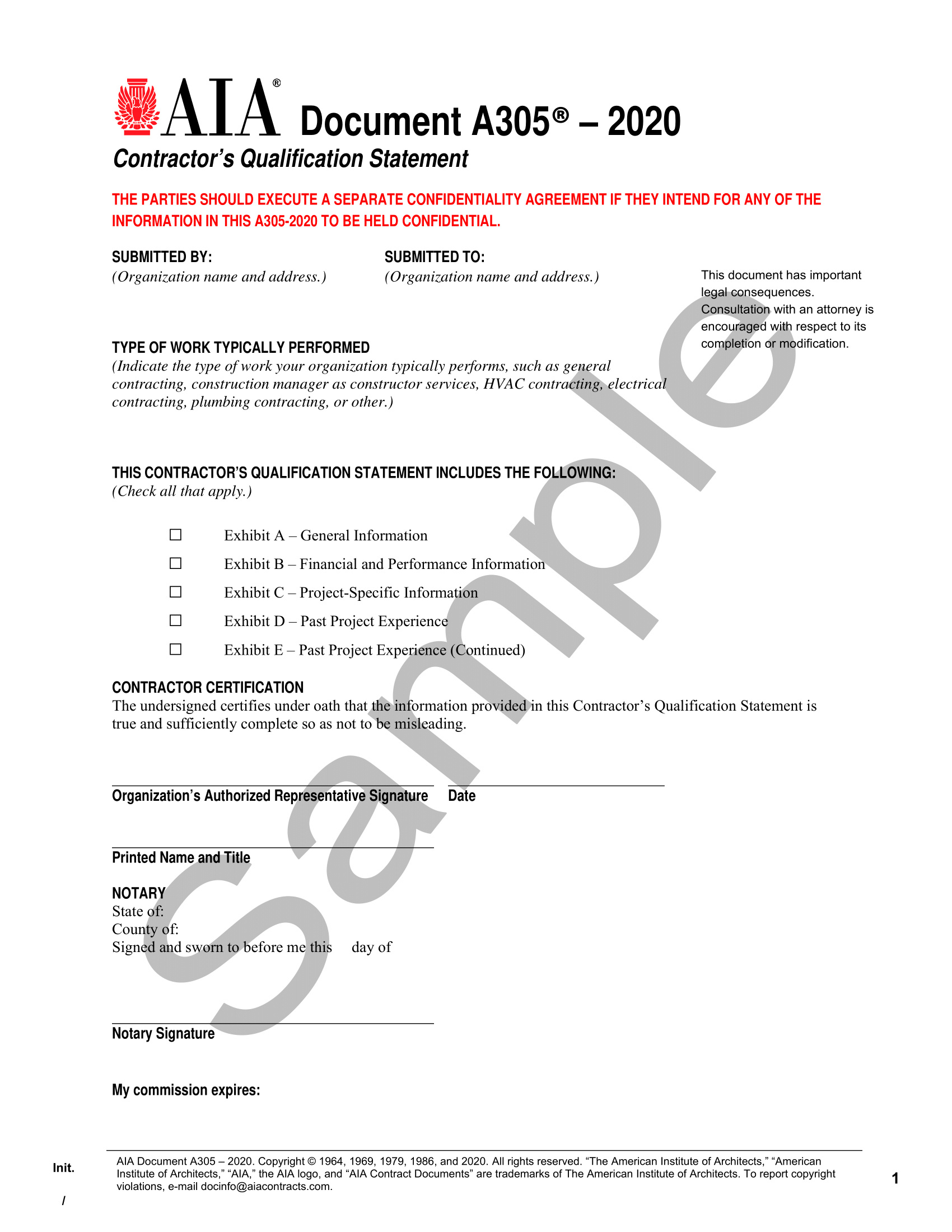 AIA A305 Contractor’s Qualification Statement